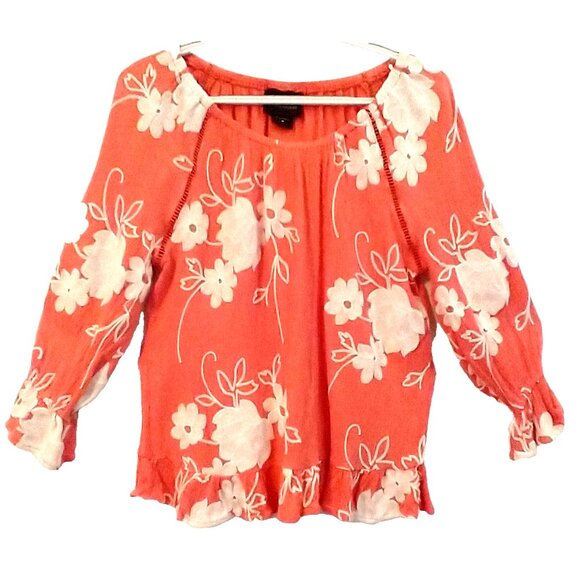Liv Los Angeles Women Boho Peasant Ruffle Top Embroidered Coral Orange - Med - Picture 1 of 10